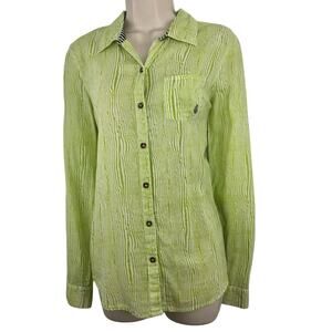 Vintage Y2k Volcom Lime Green Cream Long Sleeve Shirt Top Stitch Accents